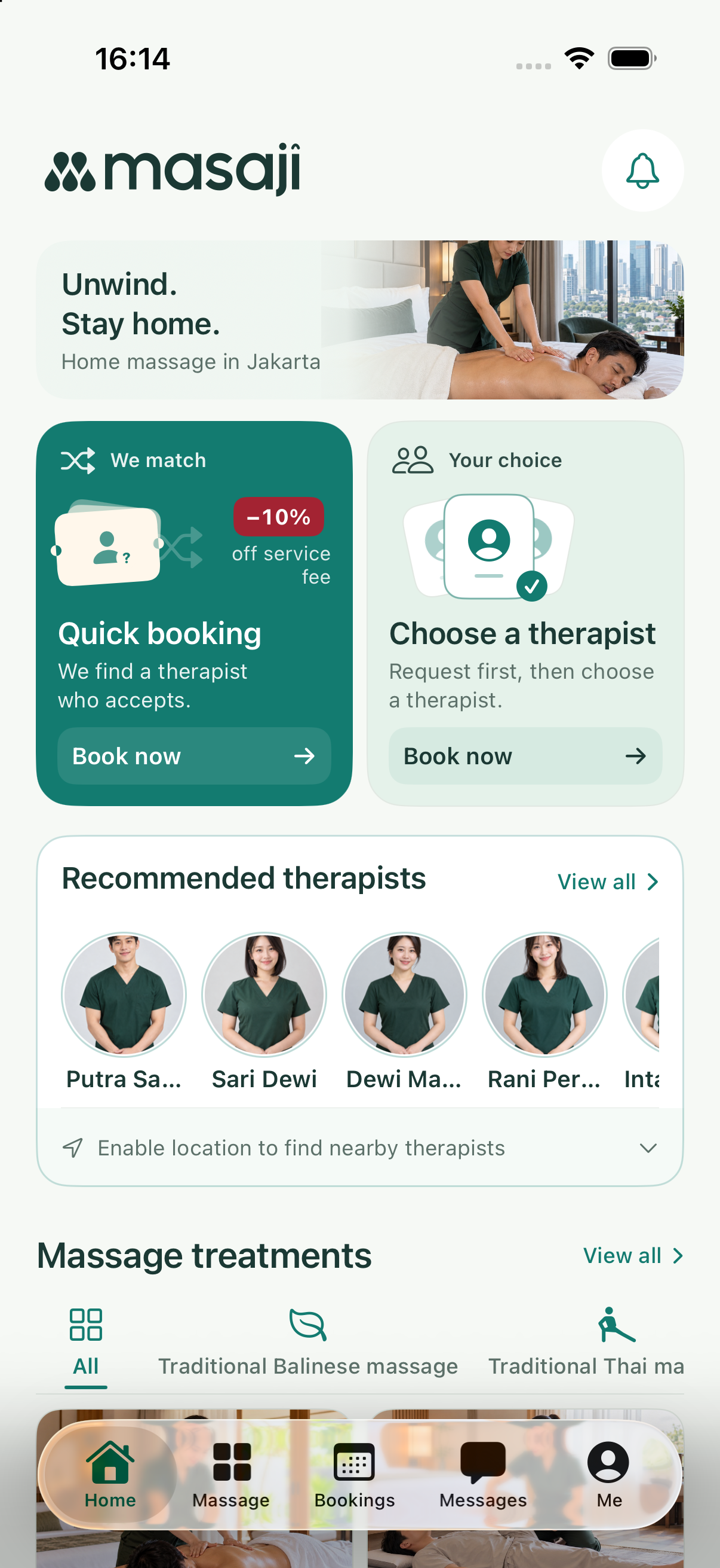 Current app interface with test therapist profiles.