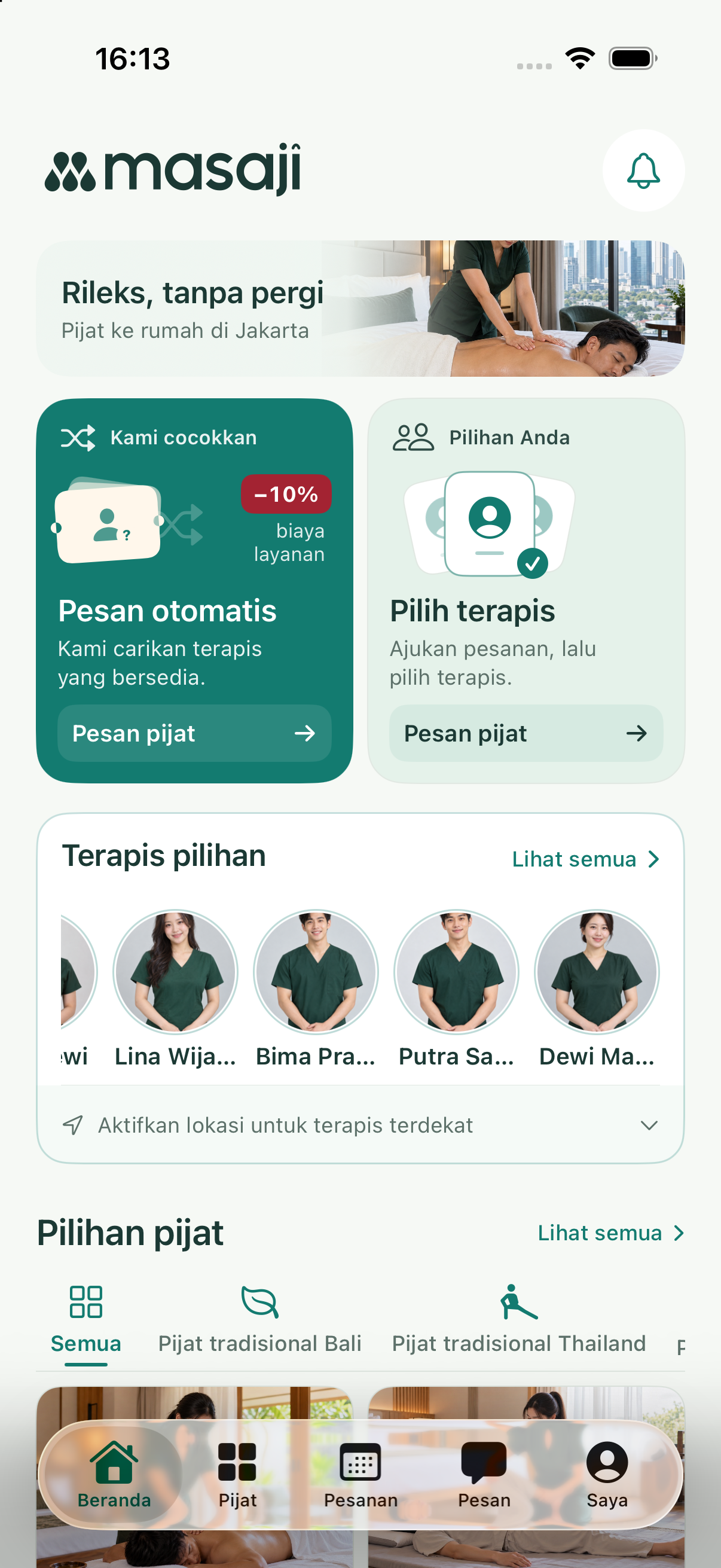 Tampilan aplikasi saat ini, dengan profil terapis uji.